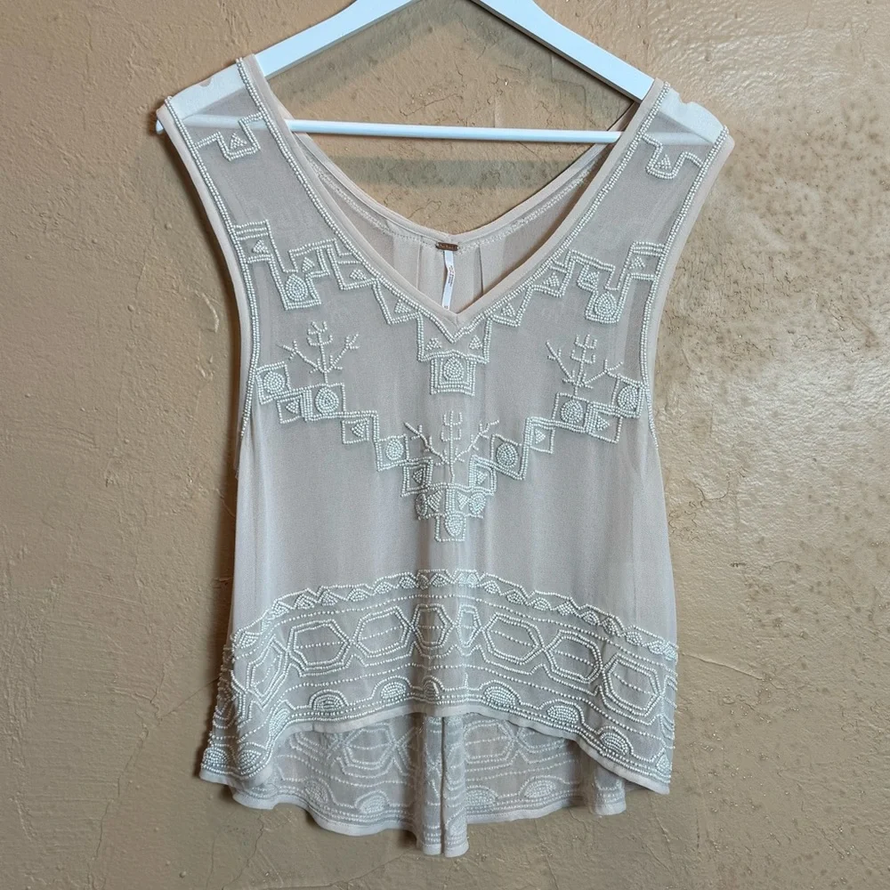 FREE PEOPLE Champagne Beaded Swing Tank Top Soft Pink Geometric Beadwork XS - Picture 2 of 10